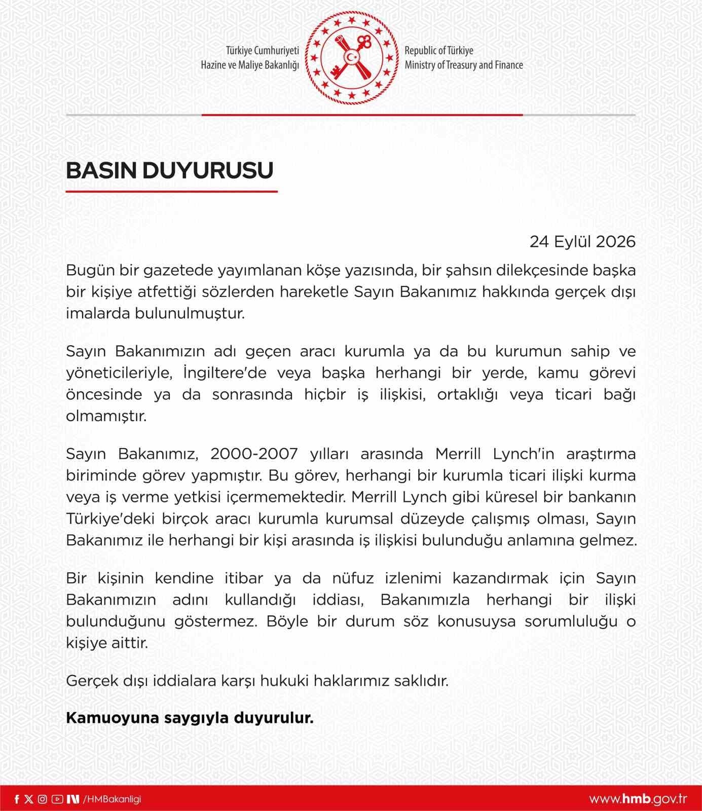Hazine ve Maliye Bakanlığı, Bakan Şimşek İddialarını Reddediyor