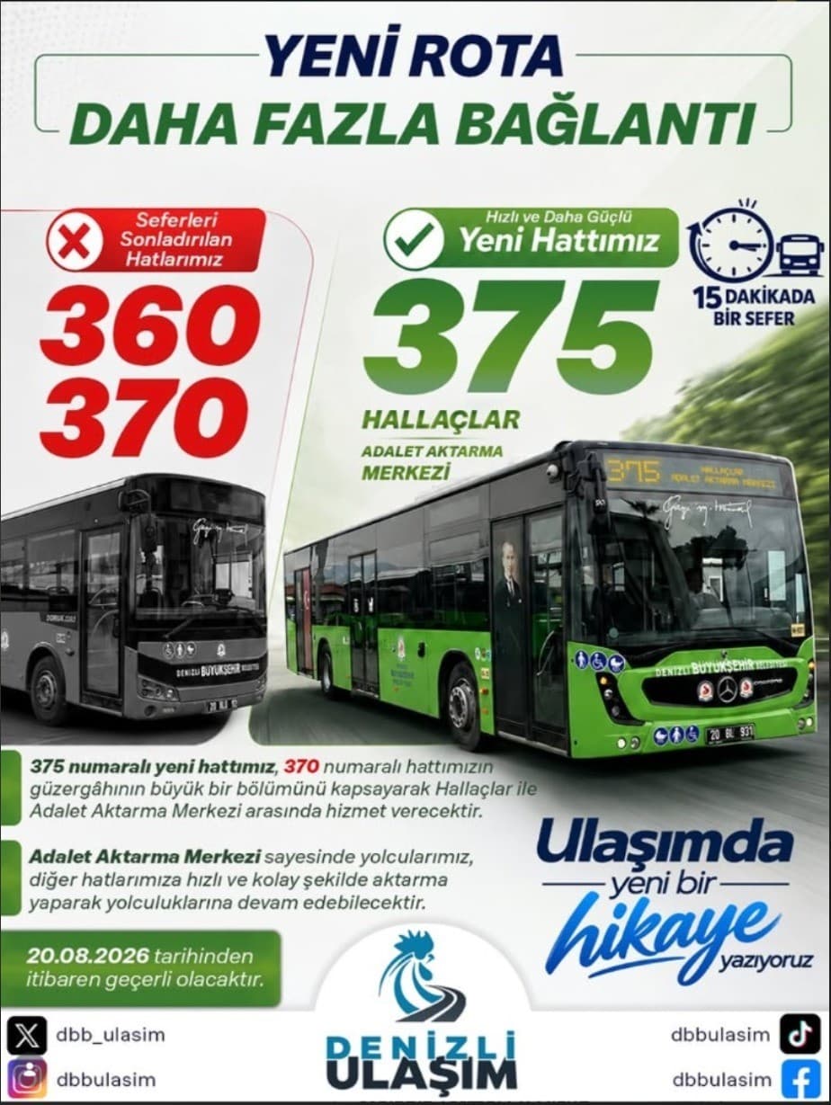 Denizli'de 360 ve 370 Numaralı Hatlar Kaldırıldı, 375 Numaralı Hat Hizmete Giriyor