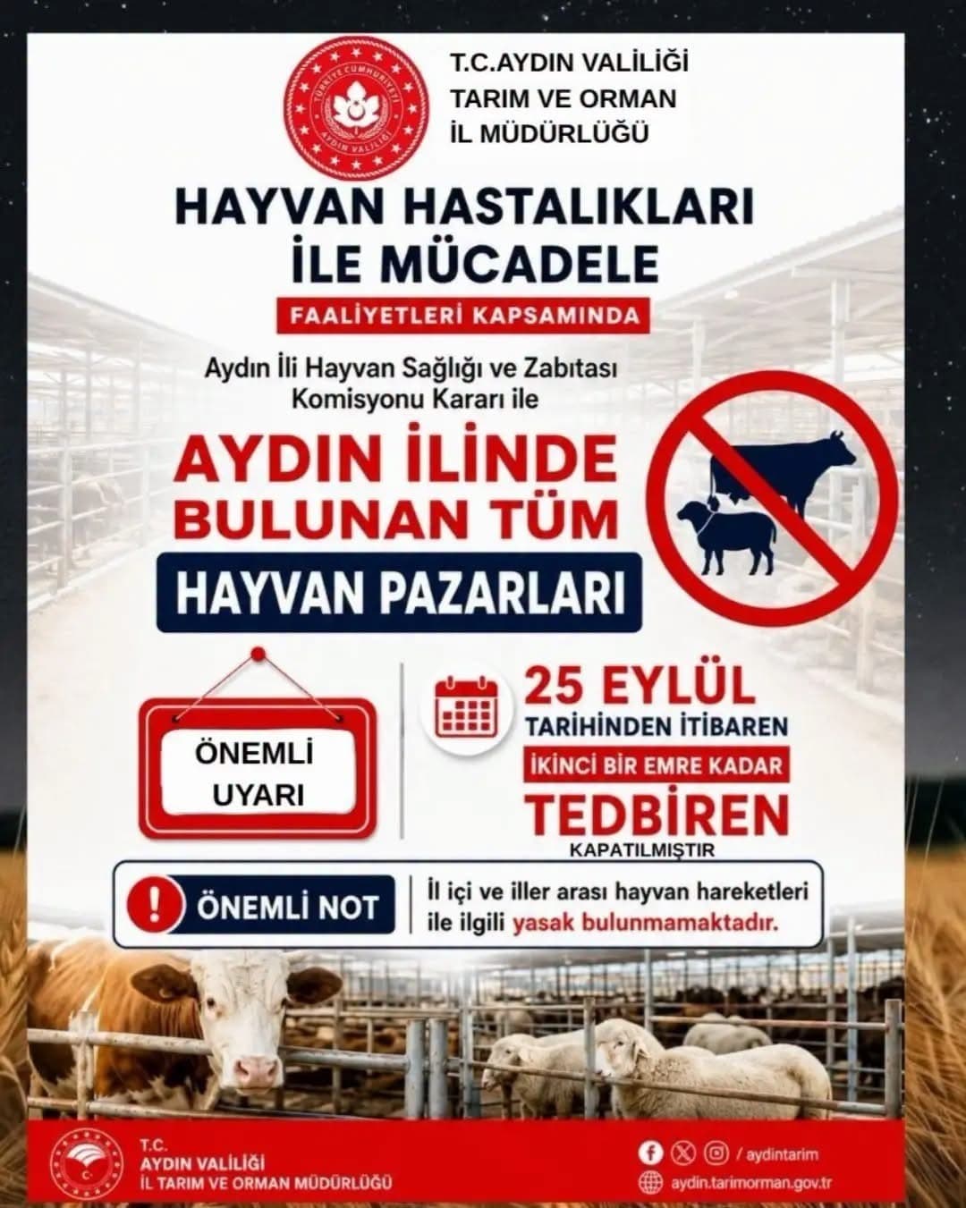 Aydın'da Hayvan Hastalıkları Sebebiyle Tüm Hayvan Pazarları Geçici Olarak Kapandı