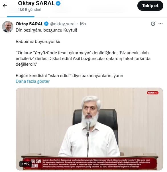Cumhurbaşkanı Başdanışmanı Saral, Alparslan Kuytul’a Sosyal Medyadan Cevap Verdi: 'Sıra Sana da Gelecek'