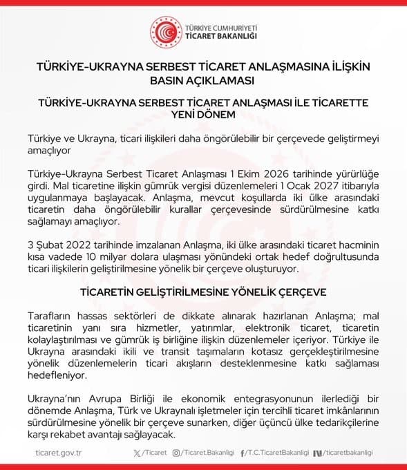 Türkiye ve Ukrayna Serbest Ticaret Anlaşması'nın Uygulama Takvimi Netleşti