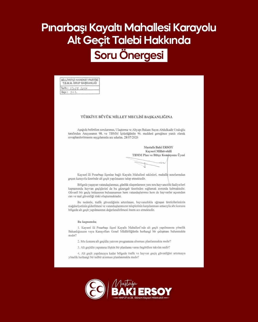 Baki Ersoy, Kayaltı Mahallesi İçin Alt Geçit Talebini TBMM Gündemine Taşıdı