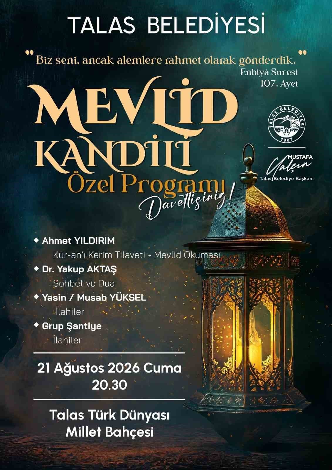Talas'ta Mevlid Kandili Özel Programı Düzenleniyor