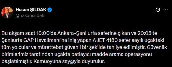 Vali Şıldak: Bomba İhbarı Olan Uçaktaki Yolcular ve Mürettebat Güvenli Tahliye Edildi