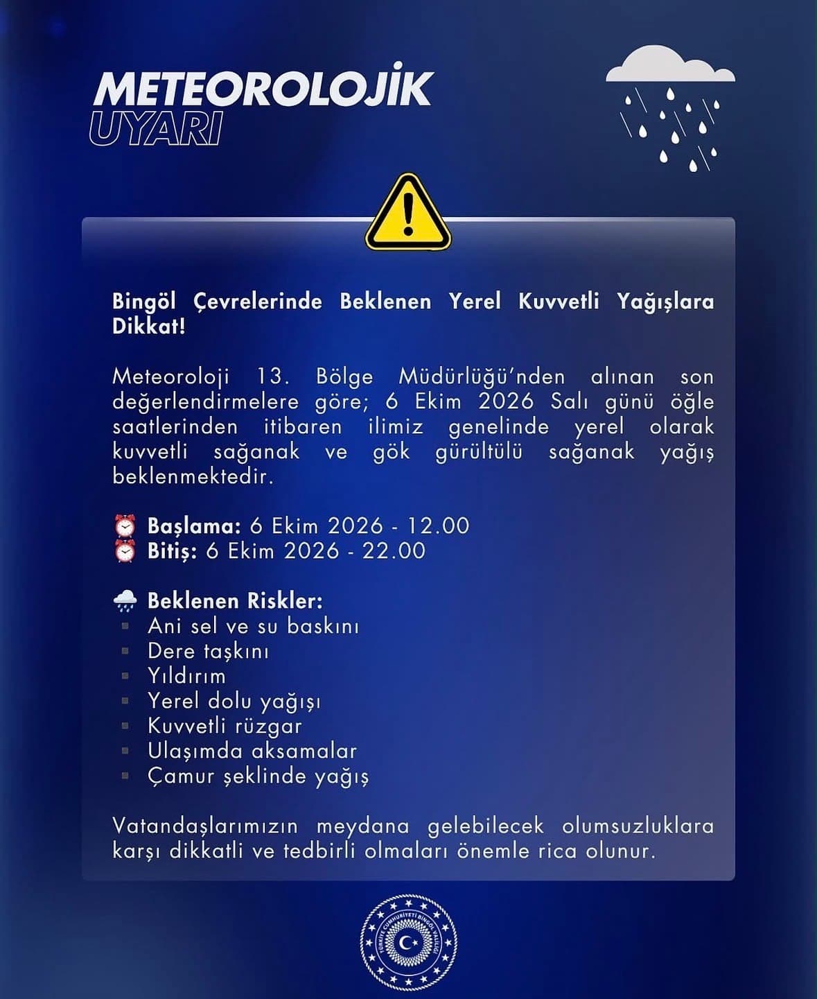 Bingöl'de Kuvvetli Yağış Riski Uyarısı Yapıldı