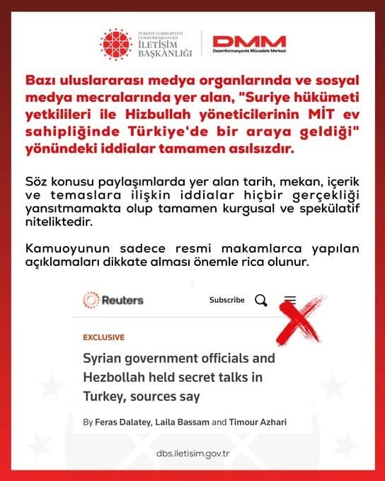 DMM, Suriye Yetkilileri ve Hizbullah Yöneticilerinin MİT Ev Sahipliğinde Buluştuğu İddialarını Reddetti