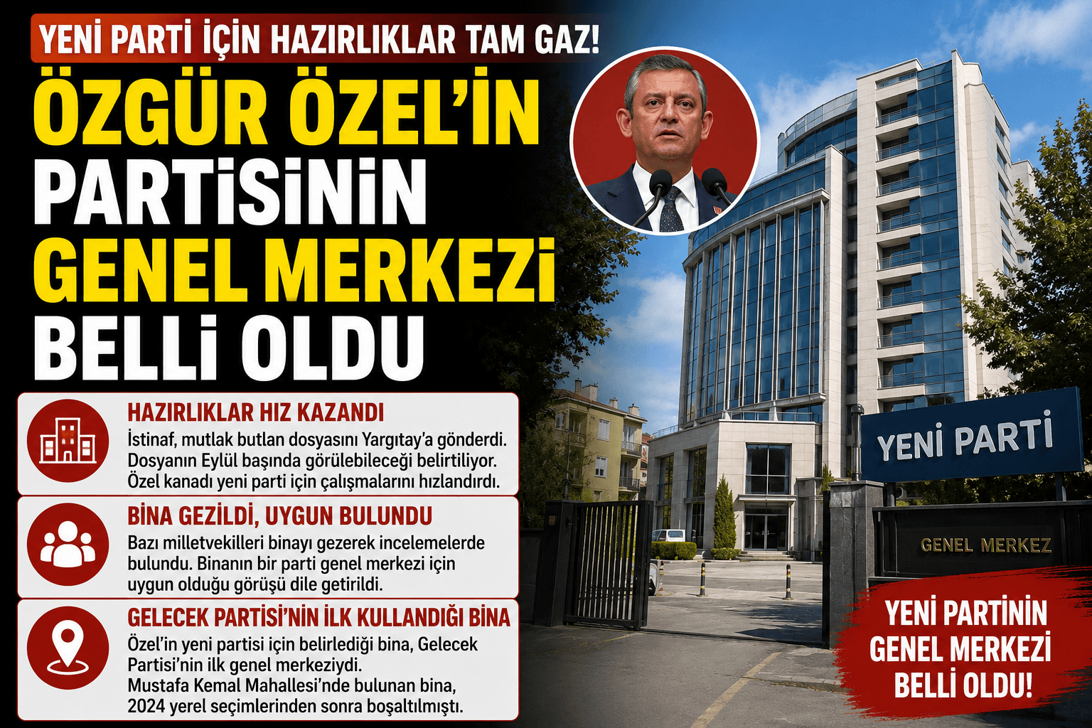 ÖZGÜR ÖZEL'İN YENİ PARTİSİNİN GENEL MERKEZİ NETLEŞTİ